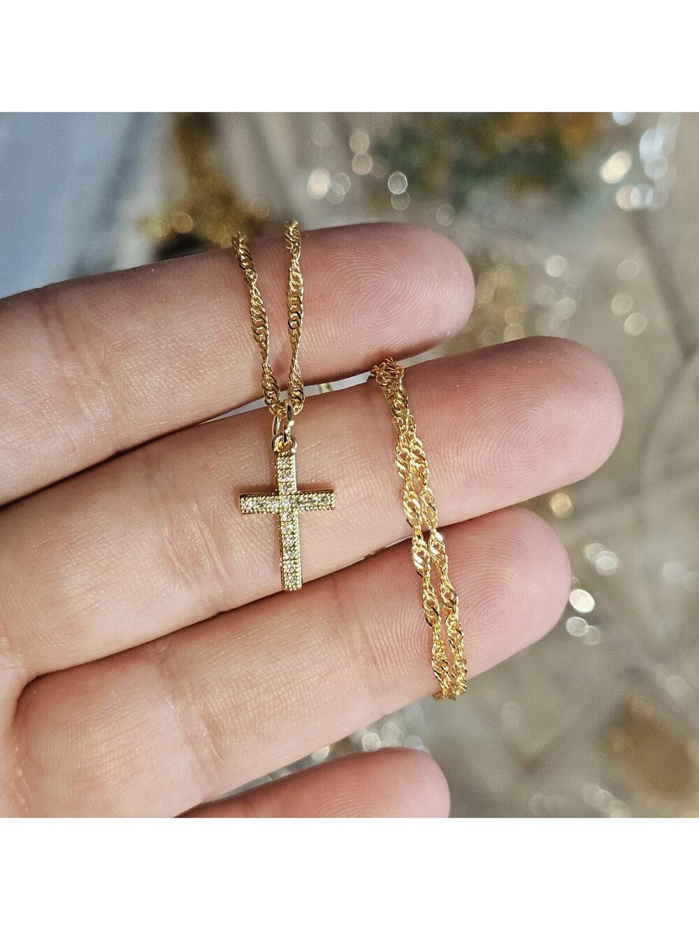 Dainty Gold-plated Pave CZ Cross Pendant Necklace